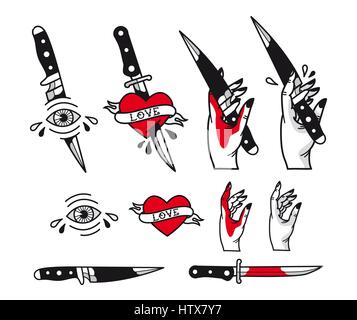 Vettore tatuaggio tradizionale impostato lo stile - cuori, coltello, occhio e mano, nastri. Inchiostro Vintage della vecchia scuola di tatuaggio Illustrazione Vettoriale