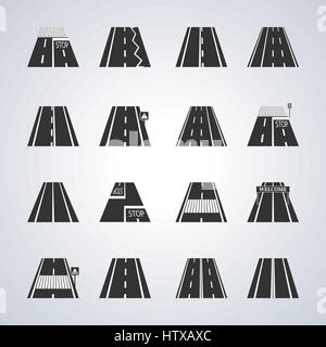 Le icone della strada con i contrassegni e segnaletica stradale, illustrazione vettoriale. Illustrazione Vettoriale