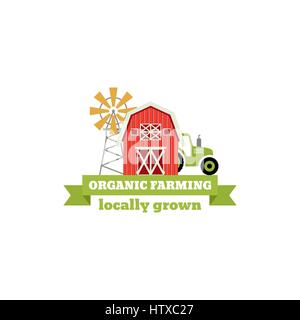 Fresco dal concetto di fattoria logo. Modello con farm paesaggio, mulino a vento. Etichetta per naturale prodotti di fattoria. Badge colorati isolati su sfondo bianco Illustrazione Vettoriale