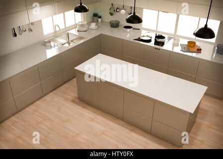3D rendering moderna cucina interno sul pavimento in legno Foto Stock