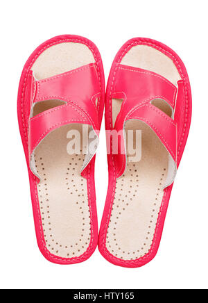 Le donne di colore rosa pantofole di moda. Pantofole vista dall'alto. Isolato su sfondo bianco Foto Stock