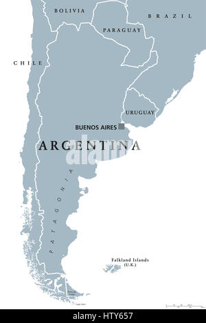 Argentina mappa politico con capitale Buenos Aires, i confini nazionali e i paesi vicini. Repubblica in Sud America. Illustrazione di grigio. Foto Stock