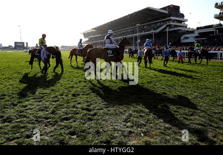 Fluide di traffico cavalcato da Joshua Moore (no.10) prima dell'Betway Regina Madre Campione Inseguimento durante il Signore giorno del 2017 Cheltenham Festival a Cheltenham Racecourse. Foto Stock