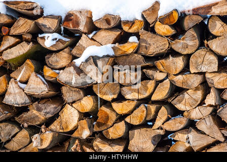 Impilati di legname di legno ricoperta di neve Foto Stock
