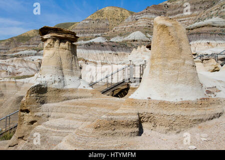 Hoodoos, formazioni geologiche create dall'erosione, nel deserto vicino a Drumheller, Alberta, Canada. Foto Stock