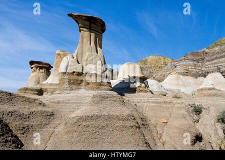 Hoodoos, formazioni geologiche create dall'erosione, nel deserto vicino a Drumheller, Alberta, Canada. Foto Stock