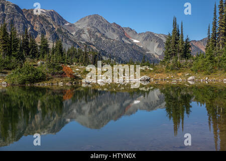 Riflessioni vetroso. Semaphore bacino dei laghi sotto il cielo limpido, Canada Foto Stock