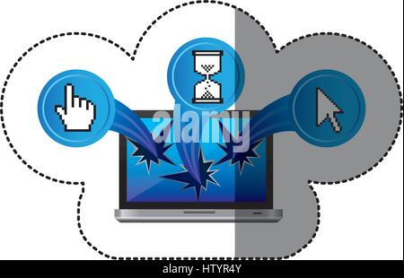 Adesivo colorato notebook tech rotto con le icone dei pulsanti Illustrazione Vettoriale