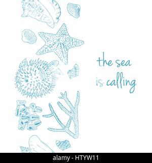Il mare è chiamata. Cartolina marino con conchiglie, coralli, il pesce palla e stelle marine. sketch stile. Illustrazione Vettoriale