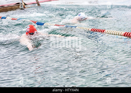 SAHYURTA, Regione di Irkutsk, Russia - marzo 11.2017: Coppa di Baikal. Inverno gare di nuoto. Alexander Brylin nuota a rana in acqua molto fredda Foto Stock