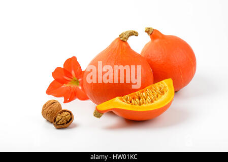 Zucche arancione con noci e fiori di ibisco su sfondo bianco Foto Stock