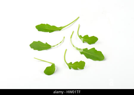 Fresche foglie di rucola su sfondo bianco Foto Stock