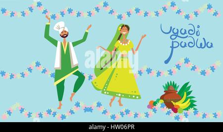 Giovane celebrando Ugadi felice e Gudi Padwa indù Anno Nuovo Biglietto di Auguri Holiday Illustrazione Vettoriale