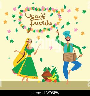 Giovane celebrando Ugadi felice e Gudi Padwa indù Anno Nuovo Biglietto di Auguri Holiday Illustrazione Vettoriale