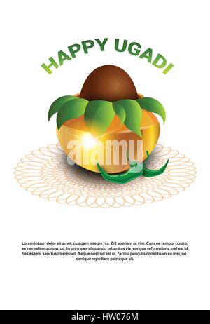 Felice e Ugadi Gudi Padwa indù Anno Nuovo Biglietto di Auguri Holiday Pot con noce di cocco Illustrazione Vettoriale