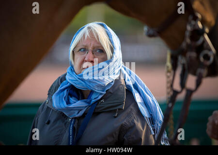 Wellington, Florida, Stati Uniti d'America. Xv Mar, 2017. Winter Festival equestre gazzetta Donna Rocchetti fa un pre-boot verificare per cavalli inserendo l'arena internazionale di Wellington, in Florida il 15 marzo 2017. Rocchetti è stato preinstallato per temperature negli anni cinquanta il mercoledì mattina. Rocchetti di amici in Pennsylvania furono trattare waist deep snow, ha detto. Credito: Allen Eyestone/Palm Beach post/ZUMA filo/Alamy Live News Foto Stock