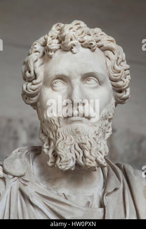 Busto in marmo di imperatore romano Settimio Severo (Regno 193-211 AD) sul display nella Glyptothek Museum di Monaco di Baviera, Germania. Foto Stock