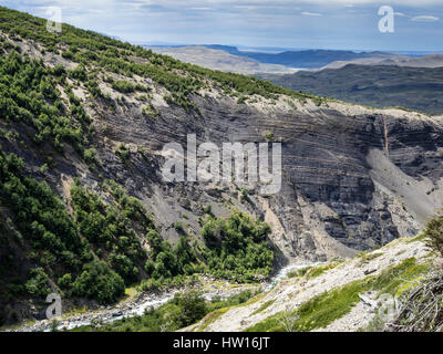 Sentiero per il Mirador Las Torres, il percorso nella valle seguendo il Fiume, Parco Nazionale Torres del Paine, Patagonia, Cile Foto Stock