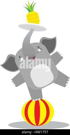 Circus elephant in equilibrio su una sfera a strisce con l'ananas sul vassoio. Concetto di circo. Appartamento cartoon illustrazione vettoriale Illustrazione Vettoriale