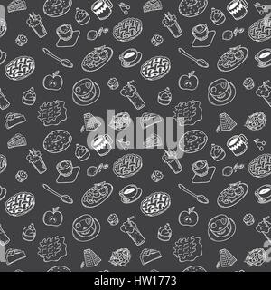 Modello senza cuciture con disegnati a mano doodle dessert. in bianco e nero scarabocchi cibo mano-contorno disegnato su uno sfondo bianco per i bambini Colorare Illustrazione Vettoriale
