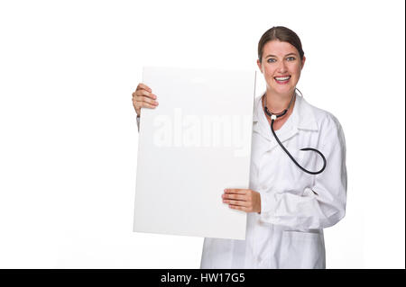 Medico con pannello pubblicitario in mano, ƒrztin mit Werbetafel in der mano Foto Stock