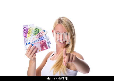 Bionda con diversi euro-banconote in mano, Blondine mit verschiedenen Euro-Banknoten in der mano Foto Stock