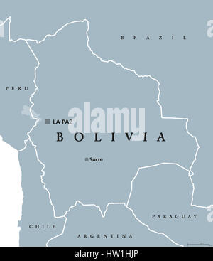 Bolivia mappa politico con capitale Sucre e La Paz, i confini nazionali e i paesi vicini. Stato plurinazionale e paese del Sud America. Foto Stock