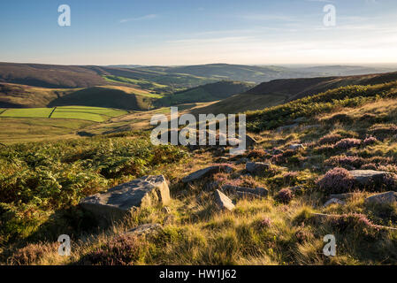 Bella serata estiva nelle colline del nord Inghilterra. Paesaggio collinare vicino a Glossop nel Derbyshire. Foto Stock