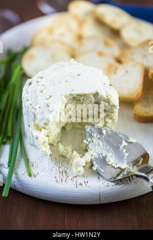 Soft aromatizzato il formaggio cremoso con aglio ed erbe fini su un pannello di legno con cracker. Foto Stock