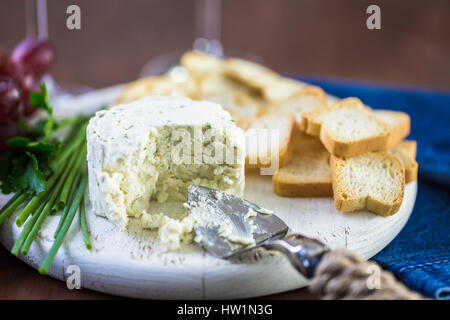 Soft aromatizzato il formaggio cremoso con aglio ed erbe fini su un pannello di legno con cracker. Foto Stock