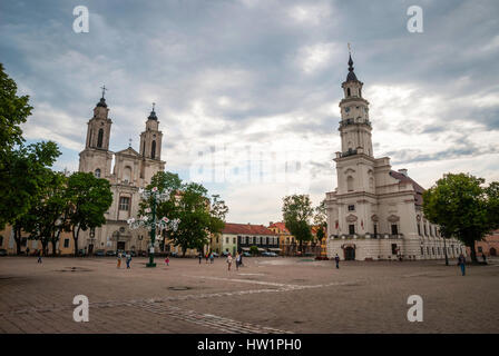 Vista sulla moderna costruzione in metallo decorato con le biciclette e i flag su piazza di Kaunas, Lituania Foto Stock