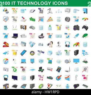 100 it tecnologia set di icone, stile cartoon Illustrazione Vettoriale