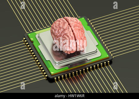 Cervello umano con cpu processore per computer, intelligenza artificiale concetto. Il rendering 3D Foto Stock