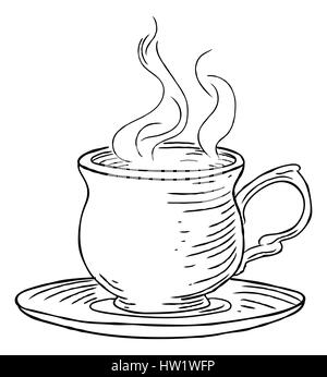 Una fumante tazza di tè e caffè e piattino caffè o disegnare a mano in un retro vintage xilografia inciso o inciso stile. Foto Stock