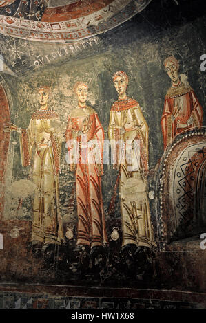 Cerchio di Master di Pedret. Affresco raffigurante la parabola del saggio e delle vergini stolte. Dettaglio delle vergini stolte. Fine del XI secolo - inizi del XII secolo. Dal sud del abside della chiesa di Sant Quirze del Pedret, Cercs. Museo d'Arte Nazionale della Catalogna. Barcellona. La Catalogna. Spagna. Foto Stock