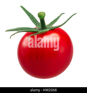 Tiny cherry pomodoro (Solanum lycopersicum var. cerasiforme), intero, con pedicel. Percorso di clipping, shadowless Foto Stock