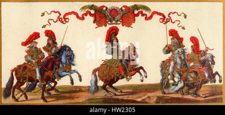 Louis XIV come un imperatore romano, centro, 1638 - 1715, aka Luigi il Grande o il Re Sole. Il monarca della Casa di Borbone che governarono come Re di Francia. Parte della grande giostra dato da Luigi XIV nella parte anteriore del Tuileries, Parigi, Francia, 5 giugno 1662, per celebrare la nascita del delfino. Foto Stock