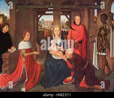 Il pannello centrale del trittico di Jan Floreins da Hans Memling, c. 1430/1440 - 1494. Adorazione dei Magi. Foto Stock