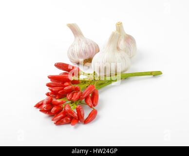 Mazzetto di piccolo peperoncino rosso e bulbi di aglio su sfondo bianco Foto Stock