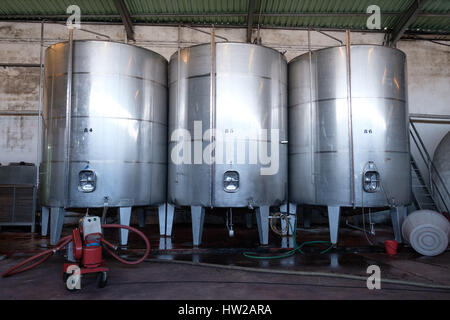 In vasche di acciaio inox per la fermentazione del vino in grotte Primavera nella regione di Bairrada del Portogallo, Europa Foto Stock