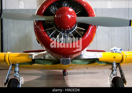 Elica di una piccola annata di rosso e di giallo aeroplano in un hangar. Foto Stock