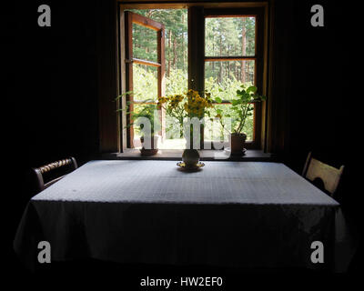 La luce attraverso una finestra di paese si illumina fiori su un tavolo rustico con tovaglia. Foto Stock
