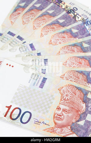 Close up di Ringgit della Malaysia le fatture in sfondo bianco Foto Stock
