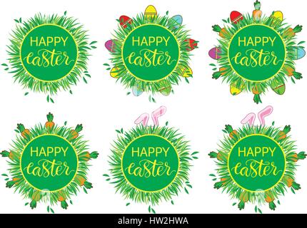 Etichetta di pasqua con banny, uova e carote. Decorazioni di pasqua modello. Adesivi divertenti pasqua. Set di adesivi, perni, patch in cartoon lo stile comico. Illustrazione Vettoriale