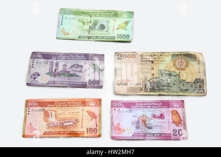 Il governo dello Sri Lanka Rupee banconote - Venti, un centinaio, Cinque Cento, mille e due mila rupie mostrando facce della nota Foto Stock