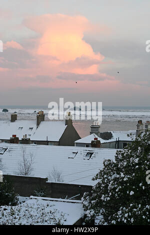 La caduta di neve su tetti in Clontarf, la baia di Dublino 2010, Dublino, Irlanda Foto Stock