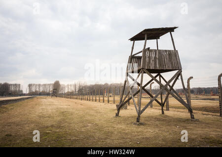 Lookout Tower o torre di avvistamento e recinti, accampamento di morte di Auschwitz, Polonia Foto Stock