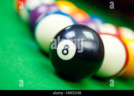 Diversi punti di vista palle da biliardo su di una piscina blu tabella,Nero numero otto Foto Stock