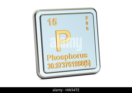Fosforo P, elemento chimico segno. 3D rendering isolati su sfondo bianco Foto Stock