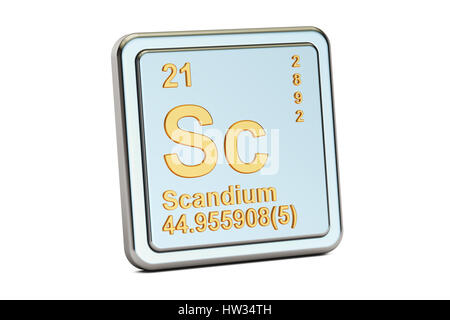 Scandio Sc, elemento chimico segno. 3D rendering isolati su sfondo bianco Foto Stock